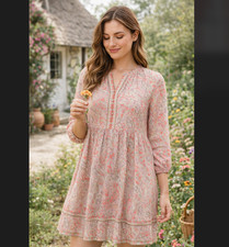 J. Jill A-Line Peasant Dress XL Paisley Mix Pink Boho Textured Crepe Pockets NWT