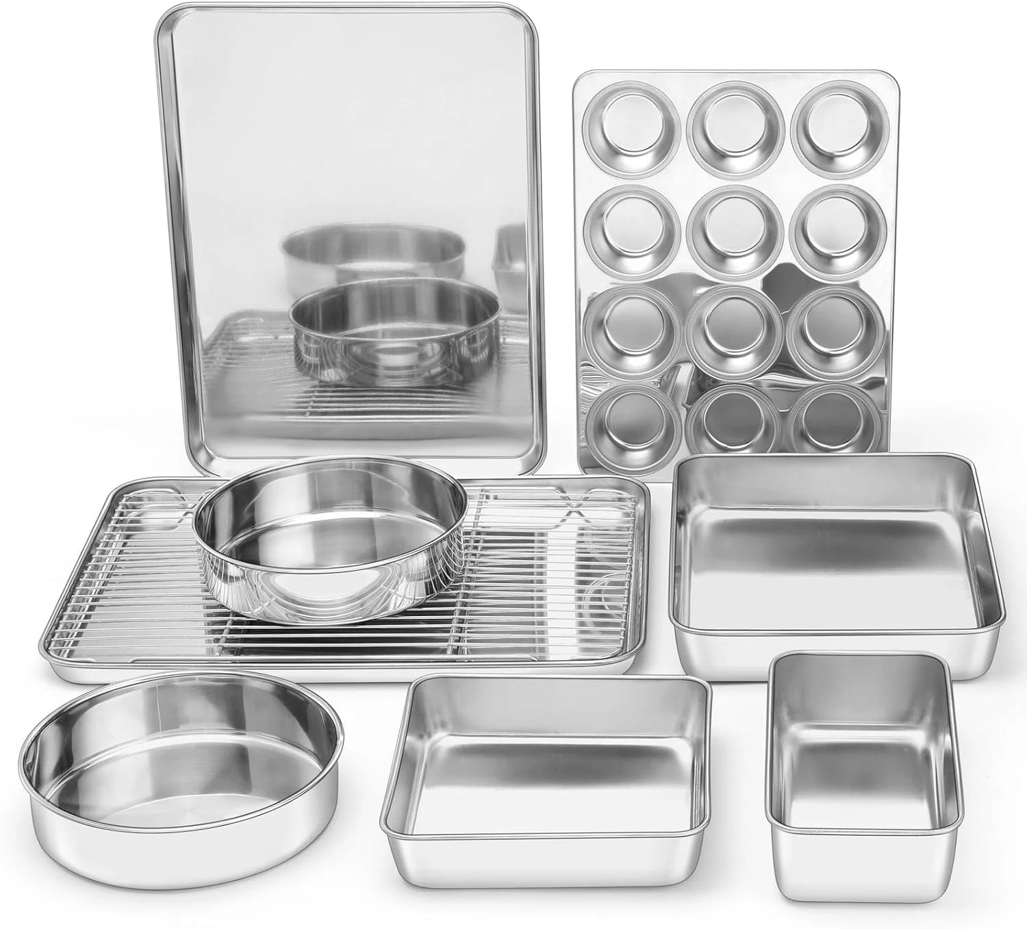 9-Piece Baking Pan Set Stainless Steel Bakeware Sets Sheet Cake Cookie Loaf
