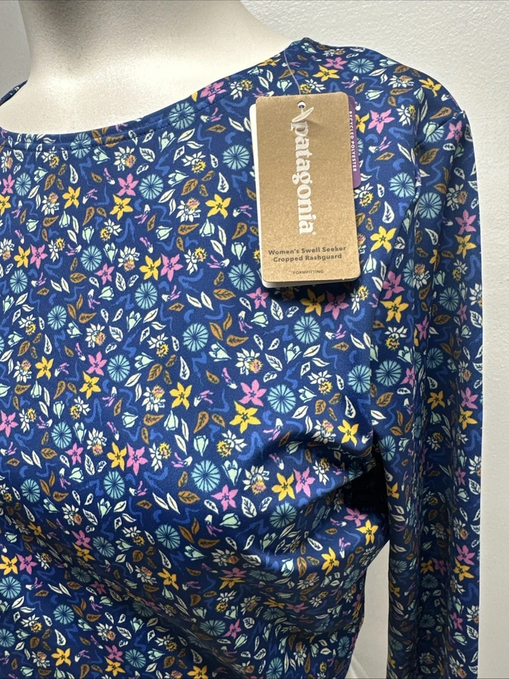 Patagonia Swell Crop Rashguard Long Sleeve Swim Shirt Top Floral Blue New Large - Image 3 of 4