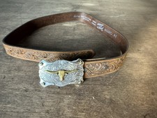 Tony Lama Handtooled Western Belt With Silver Gold Color Belt Buckle Lady 28”