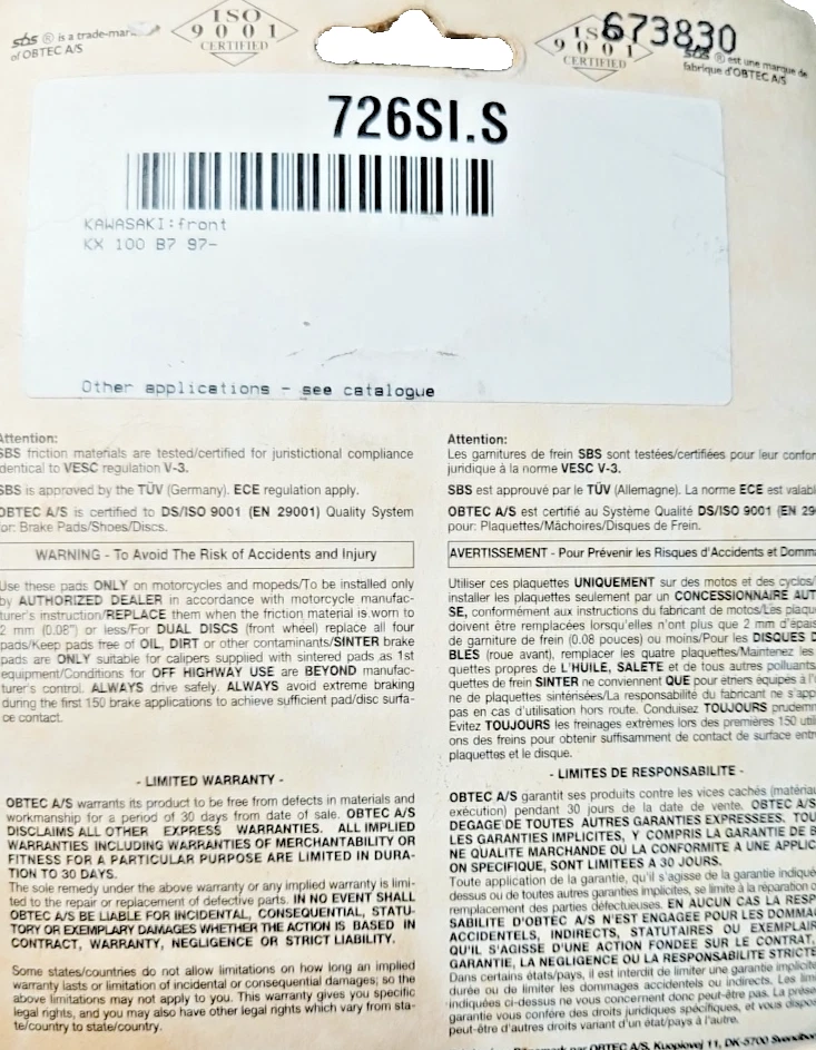 Pastillas de freno sinterizadas KX80 KX85 KX100 SBS726SI nuevas Foto 3 de 4