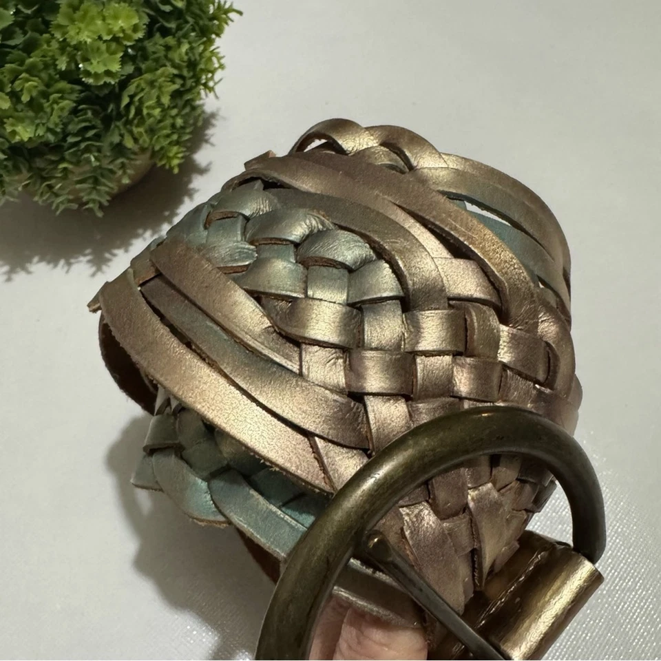 Vintage Express Genuine Leather Wide Corset Braided Belt Gold Size Large - Image 4 of 4