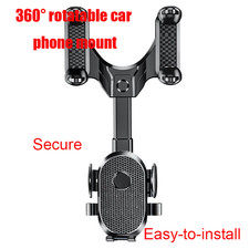 360  Rotatable Rearview Mirror Car Phone Holder - Adjustable Mount Black