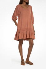 FREE PEOPLE Beach Boho Cotton Dress Smocked Hem 3/4 Sleeve Brown Size S