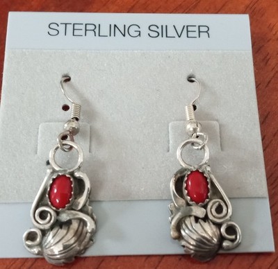 Native American Navajo Sterling Silver Red Coral Earrings Signed   