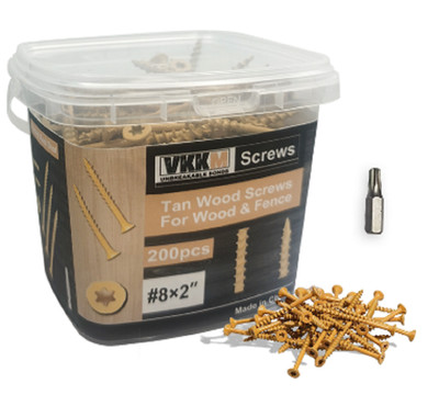 200Pcs #8 x 2'' Tan T25 Torx Self Tapping Wood & Fence Screws with Free Bit