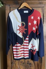 VTG 80 s Alfred Dunner Nautical Navy Red White Gold Pullover Sweater XL USA MADE