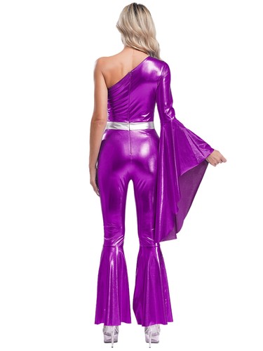 Damen Disco Hippie Kostüm glänzend Metallic Glockenboden Ganzkörper Overall - Bild 20 von 81