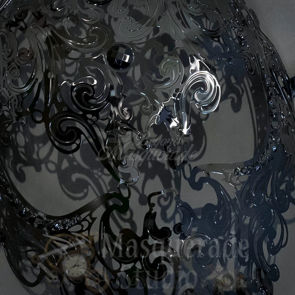 Womens Full Skull Phantom Filigree Metal Masquerade Mask [Black Rhinestones] - Image 4 of 4