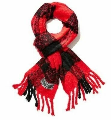 NEW VICTORIAS SECRET Cable Knit Scarlet Check Super Soft Plaid Scarf Red-Black