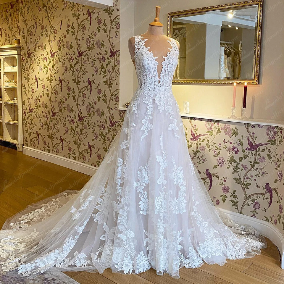 Lace Applique Beach Wedding Dresses Boho Sleeveless Backless Bridal Gowns - Image 2 of 4