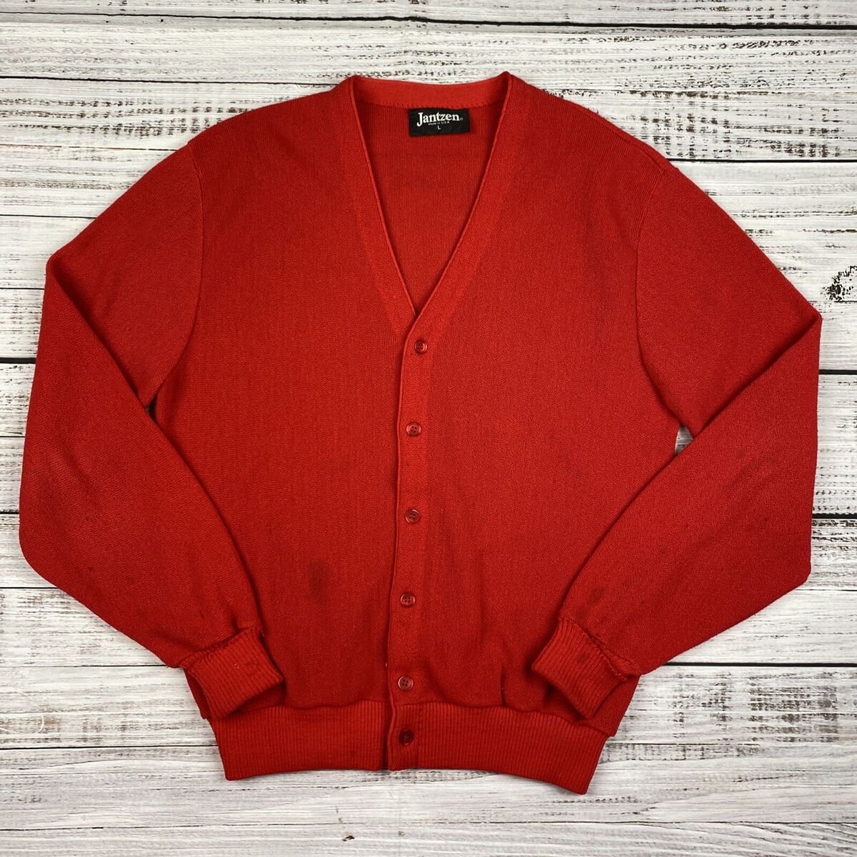 Vintage 70s Jantzen Red Polyester Cardigan Sweater Mens Sz L Vintage 70s Jantzen Red Polyester Cardigan Sweater Mens Sz L