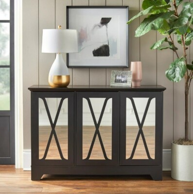 Black Cabinet Accent Storage Mirror Door Table Console Room