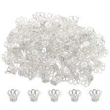 Flower Bead Caps, 100Pcs 15x12mm Hollow Metal Spacer Bead End Caps Silver White