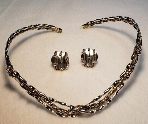 Two Tone Sterling Silver Choker Cuff Necklace and Pierced Earrings Set, Signed - Picture 2 of 20