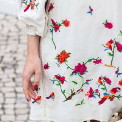 Zara Cotton Silk Blend Balloon Puff Sleeve Floral Embroidered Mini Dress |  eBay
