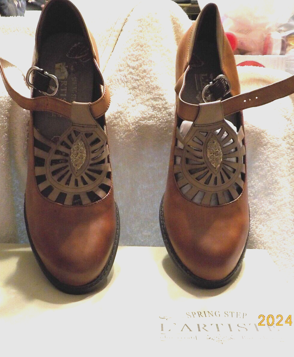 L'Artiste by Spring Step April Mary Jane Camel Brown Multi Leather US  /EU 41