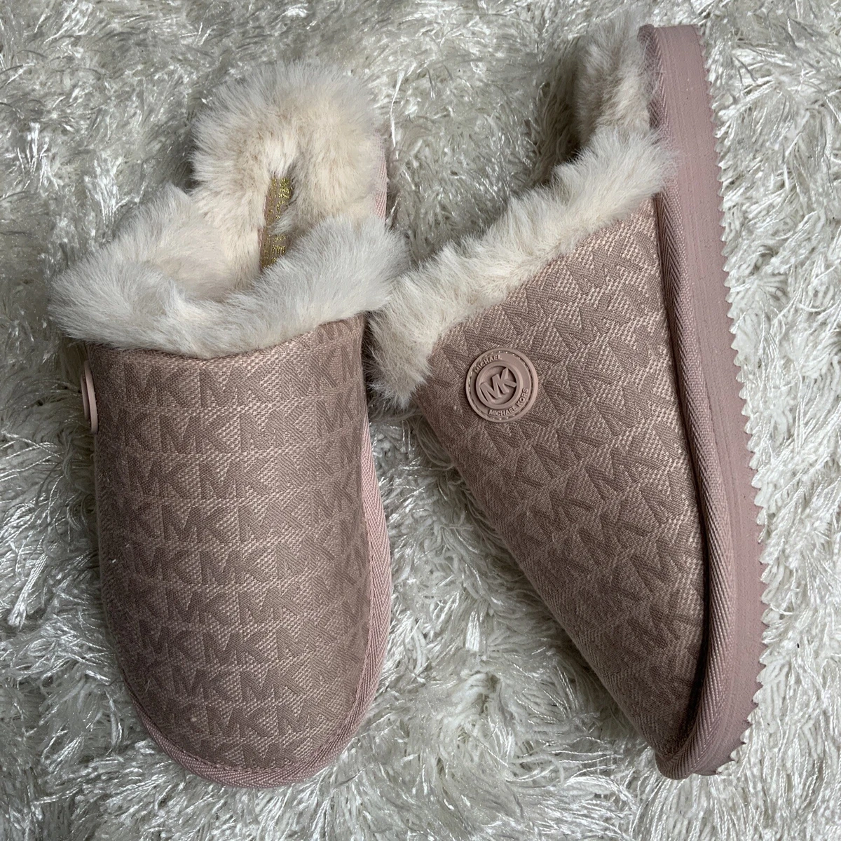 Michael Kors Women&#039;s Janis Logo Print Faux Fur Lined Slippers Pink 8 | eBay