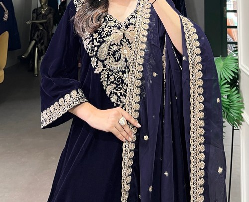 Designer New Velvet Navy Blue Salwar Kameez And Organza Dupatta For Wedding Wear - Picture 9 of 11