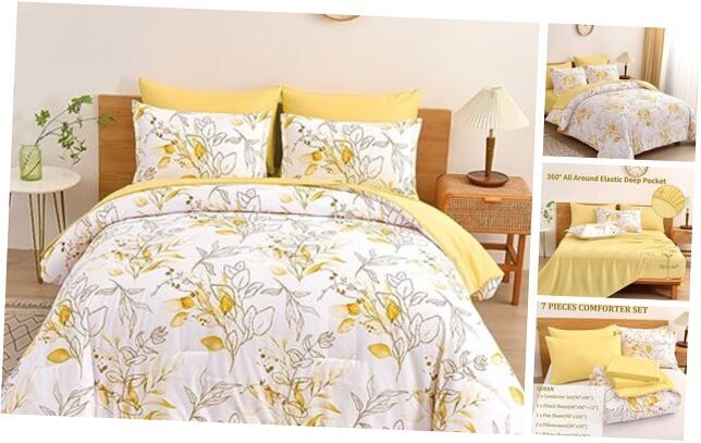 Yellow Botanical Comforter Set Queen, 7 Pieces Queen 90“×90” White-yellow