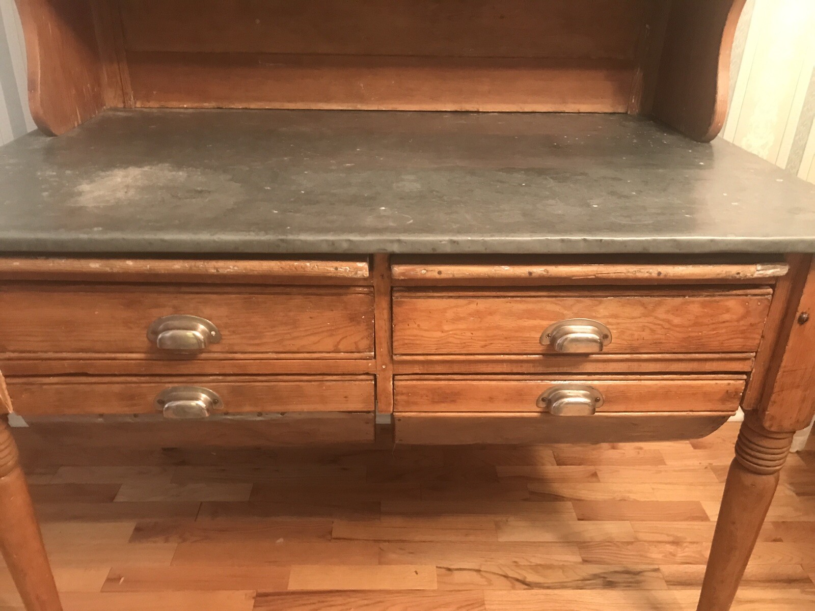 Antique Pine Hoosier w Stained Glass Doors, Tin Counter