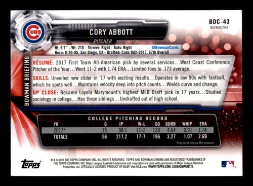 2017 Bowman Chrome Draft Refractor #BDC43 Cory Abbott Braves Rookie (ref 105329) - Picture 2 of 2