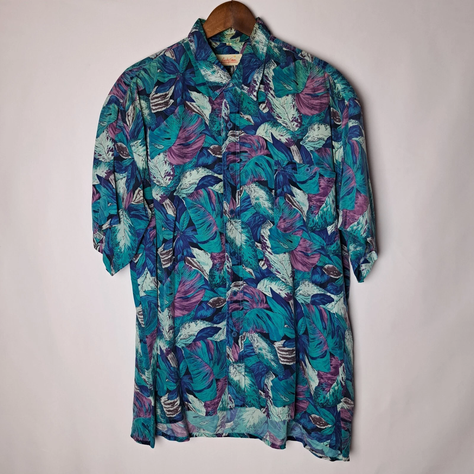 Lucky Star Hawaiian Shirt Mens XL 100%-Silk Barkcloth Multicolor Button Up S/S
