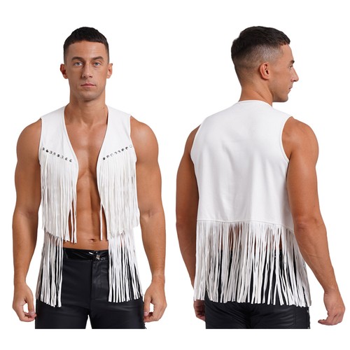 Gilet cowboy uomo nappa rivetti frange gilet giacca western costume rock - Foto 12 di 53