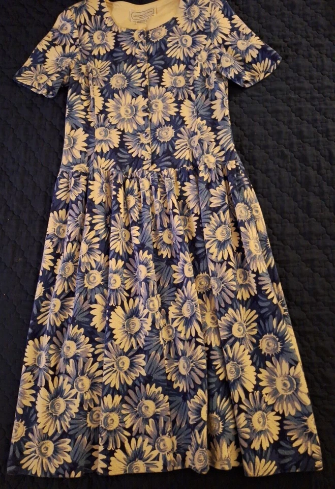 复古 ADRIENNE VITTADINI 100% 棉花卉蓝色垂腰连衣裙 - 12 码 — 第 2/4 张图片