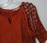 Maje Dress Womens Size 0/XS Terracotta Suede Mini Lattice Sleeve Fringe Trim 6