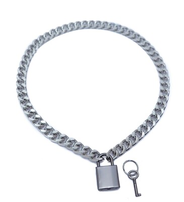Silver Cuban Chain Choker Style Necklace Black Pad Lock Key Sid Vicious Punk