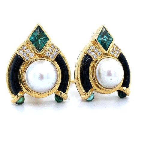Vintage 18K Yellow Gold Pearl Tourmaline Onyx & Diamond Stud Earrings