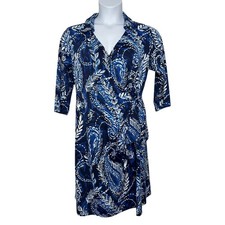 New Talbots Effortless Jersey Kelly Dress 1XP Blue White Paisley Faux Wrap