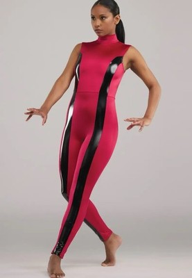Weissman Women s Red Unitard Bodysuit Sleeveless Mock Neck w/ Black Stripes
