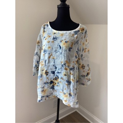 Pure Jill Linen Floral Tunic Top XL Watercolor Cottagecore Boho
