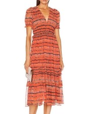Ulla Johnson Elodie Silk Dress Chili Tie Dye Midi Puff Sleeve Size 2