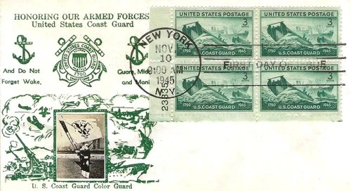 Honoring US Coast Guard #936 FDC w/Plate Blk Crosby Cachet M6285