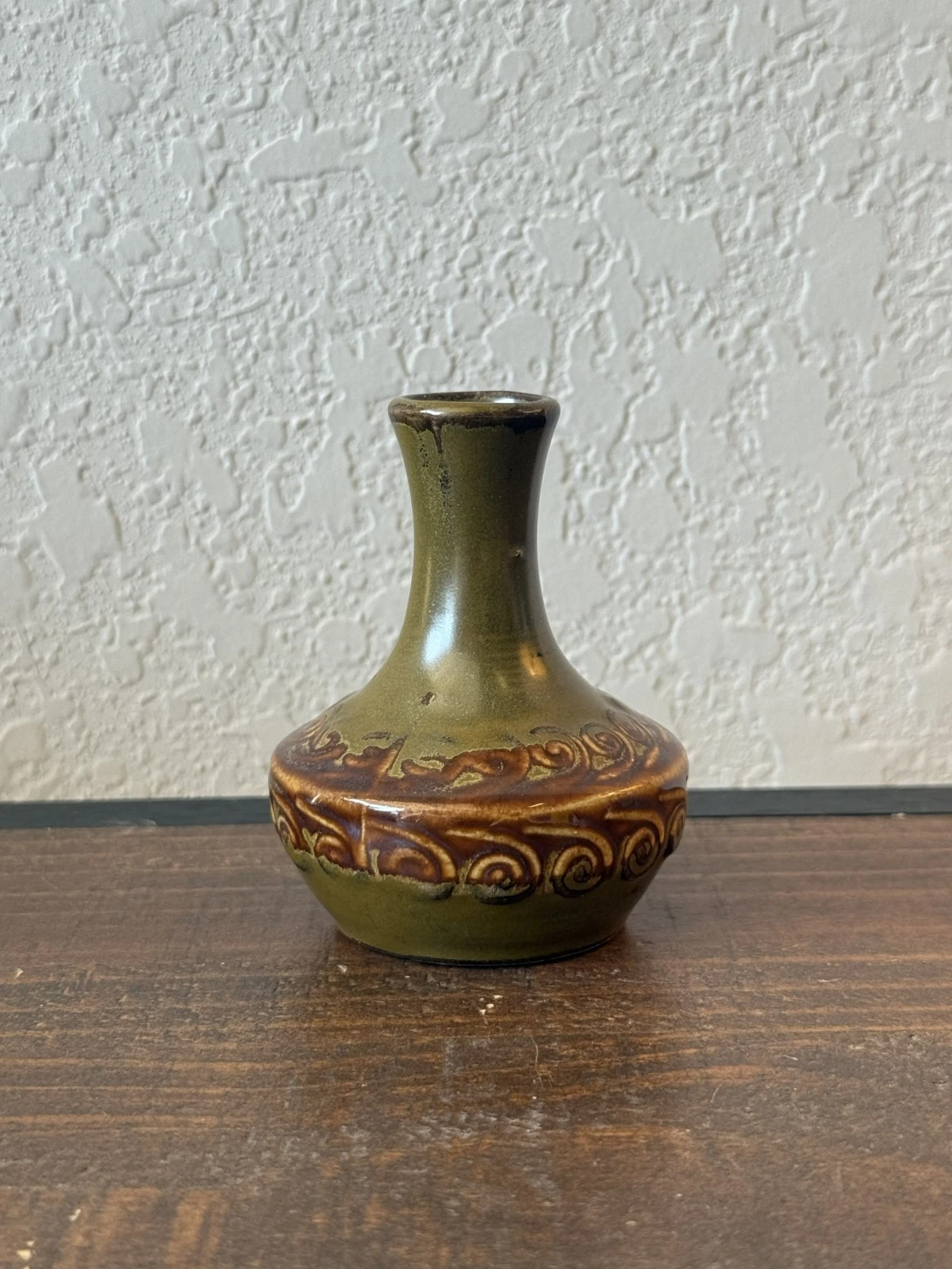 Tiny Stoneware Pottery Bud Vase w/ Green Glaze and Spiral Motif