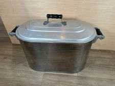 Vintage Polished Steel Boiler Wash Tub Wooden Handles Aluminum Lid New Old Stock