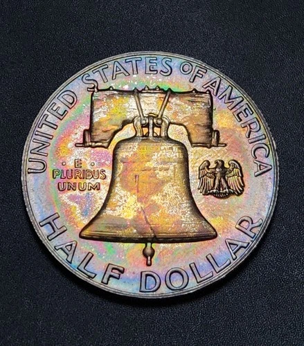 Neon Rainbow 🌈 Toned 1963 Franklin Silver Half Dollar Proof - BU