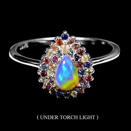 925 Sterling Silver Ring Pear Fire Opal 6x4mm Sapphire Gemstone Jewelry Size 7.5