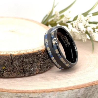 Black Tungsten Band 8mm   Blue Wood Inlay Elegant Holiday Ring for Women
