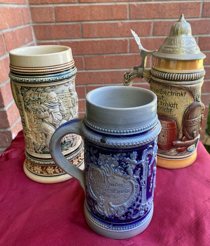Vintage German Beer Steins Lot of 3 - Relief Scenes, Bavarian Charm, Pewter Lid,