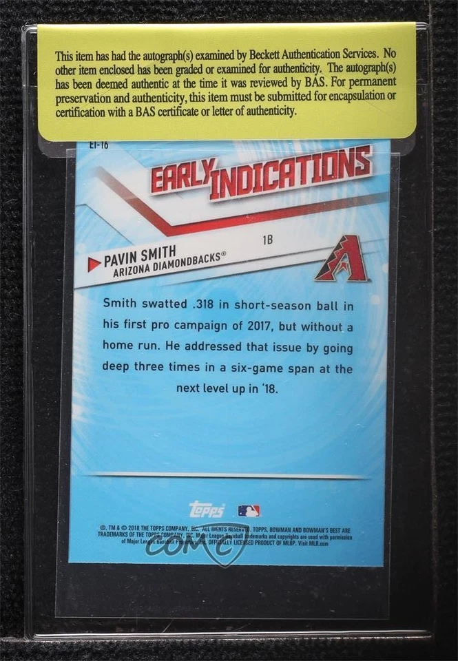 BAS 2018 Bowman's Best Early Indications Pavin Smith #EI-16 Beckett Auth Sticker - Image 2 of 2
