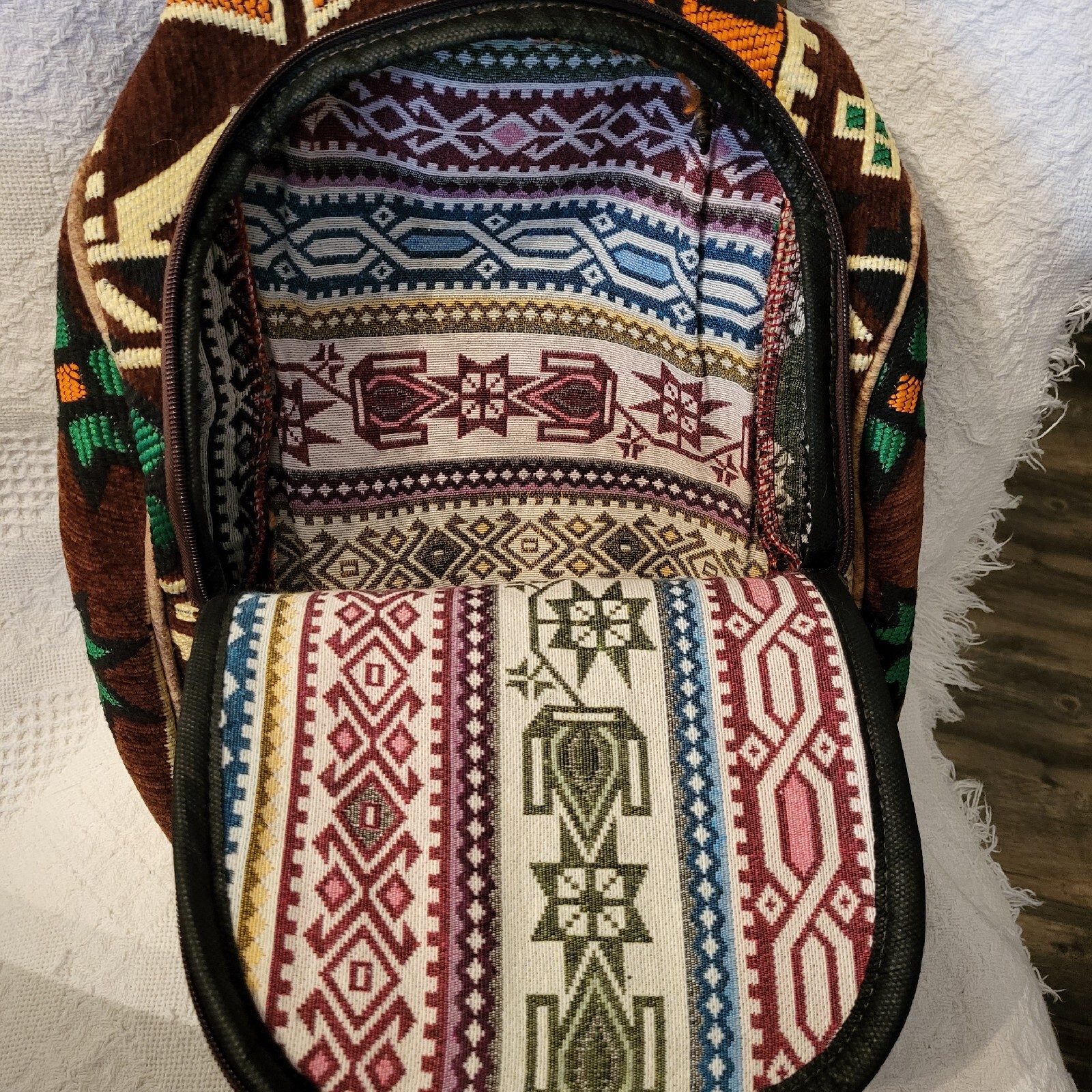 Brown & Multicolored Geometric Patterns Backpack … - image 2