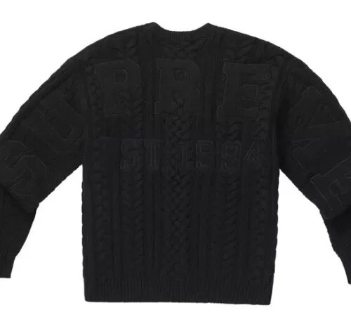 Pull tricoté câble appliqué Supreme taille L à la main noir logo boîte neuf avec étiquette