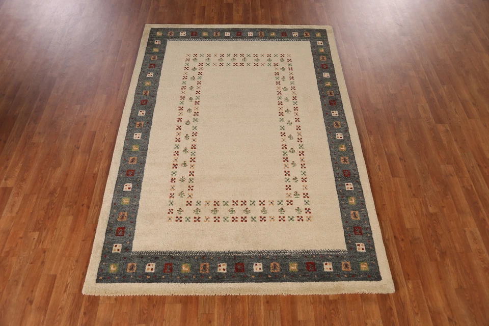 Artisan-crafted Beige Gabbeh Rug Wool Hand-tufted Carpet 5x8 ft - Image 3 of 4