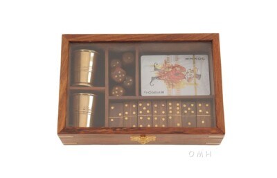 Wooden Game Set with Brass Goblet | Wooden set w/ one cards' set & domino set