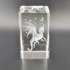 Dragon Etched 3D Laser Glass 3" tall Cube Paperweight