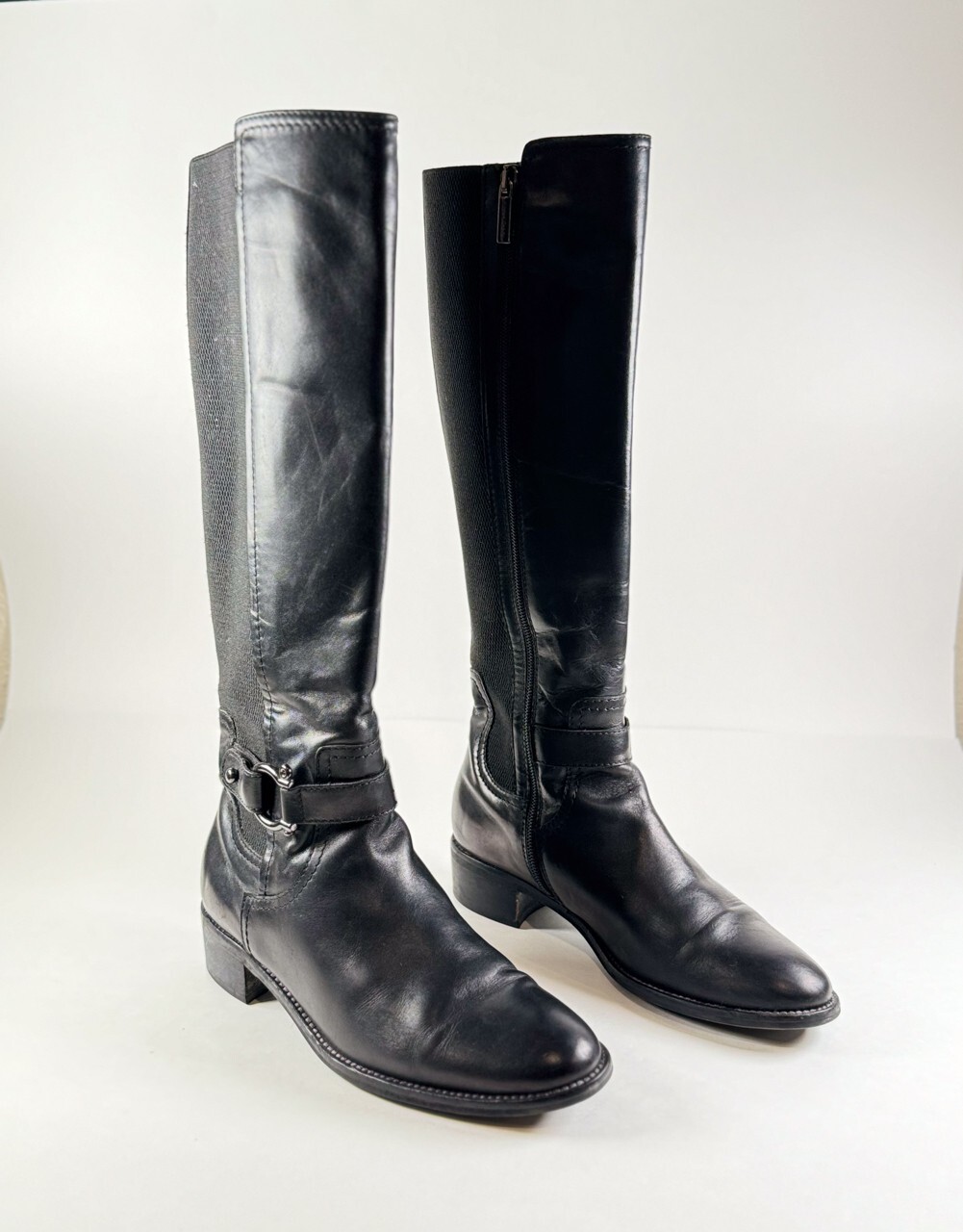 Aquatalia Boots Black Leather Knee High Tall Riding Harness Zip Up Italian 6.5
